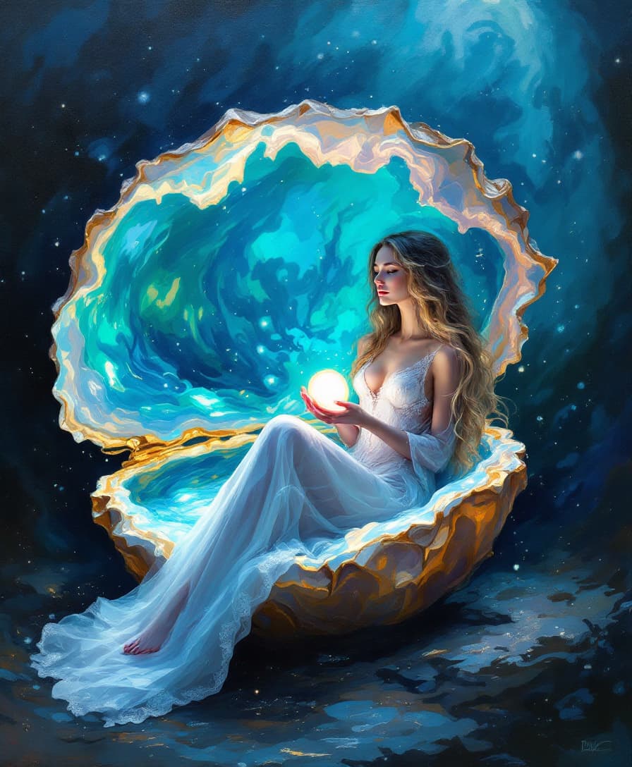 AI generated: Prompt: "A mystical woman sitting inside a giant, iridescent pearl oyster shell, holding a glowing p...