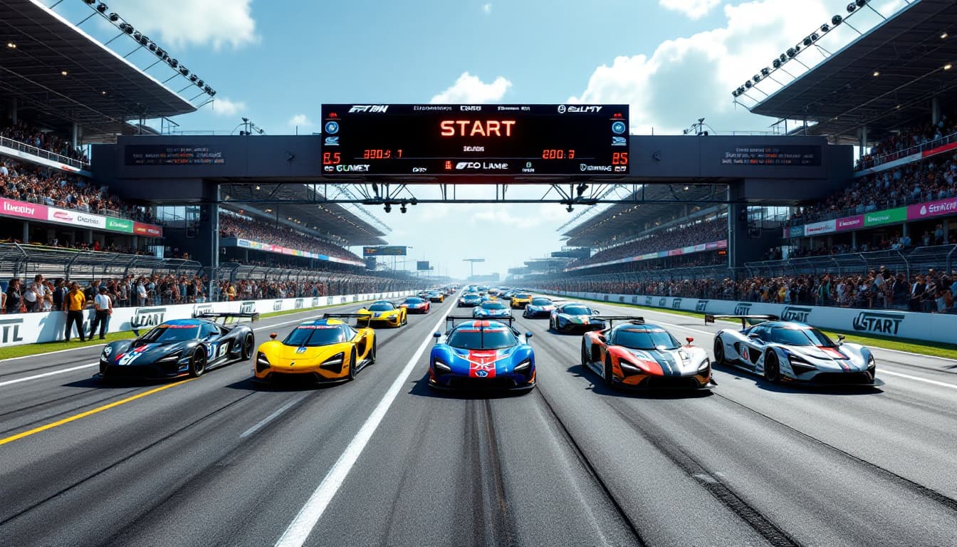 AI generated:  On a wide race track in front of the START lane (white strip across the track) there are few cars i...