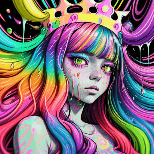 AI generated: a drawing of a girl with long hair and a crown on her head, dripping in neon paint, psychedelic aest...
