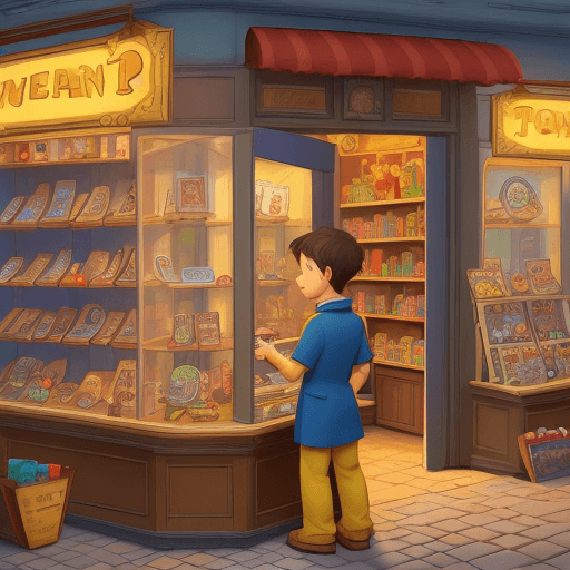 AI generated: a 2d picture for a children's book,
the coin seller invites to his toy shop