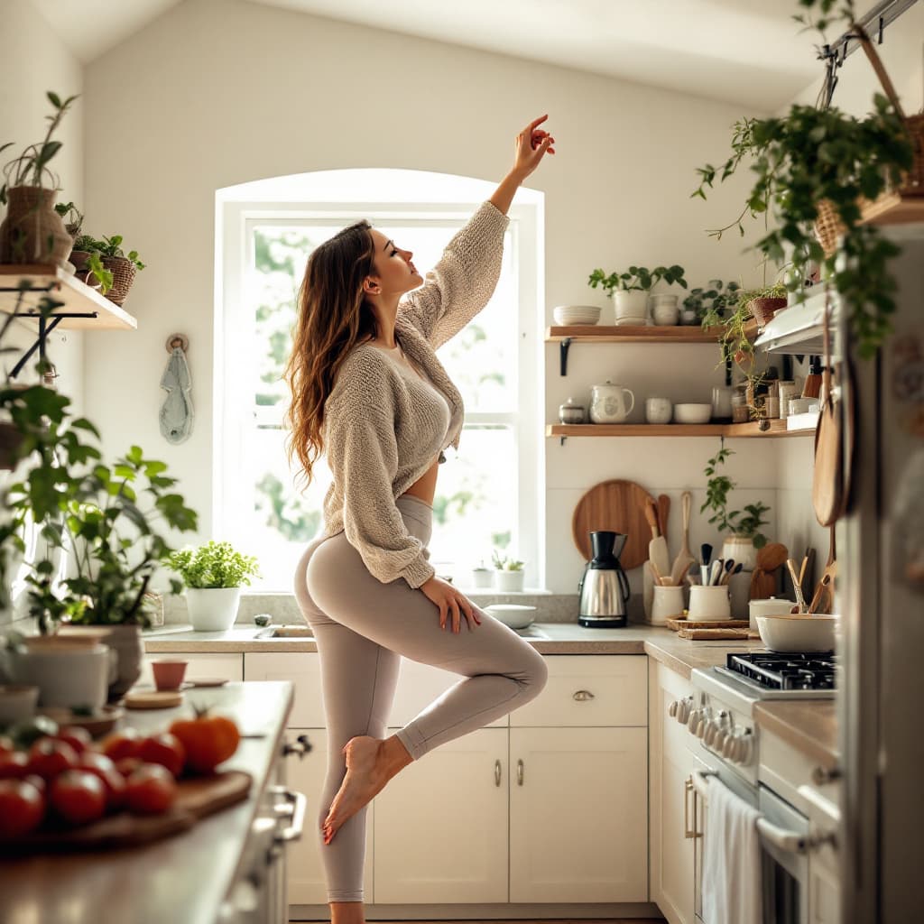 AI generated: She reaches for the top shelf, standing on her tiptoes which accentuate her dramatic curves. Her yog...