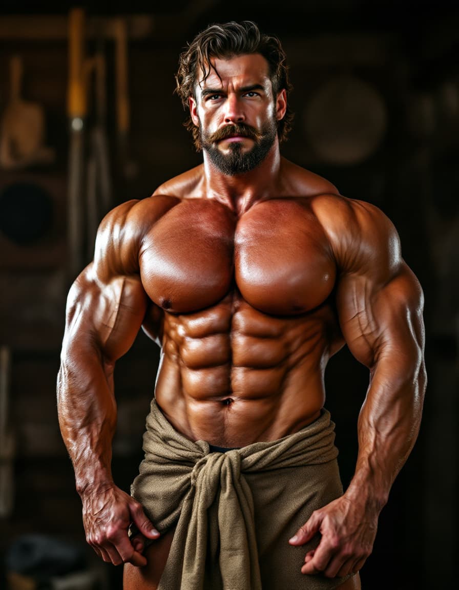 AI generated: Handsome muscular 40-year-old daddy bodybuilder with bikers mustache, hairy chest, brown hair, broad...