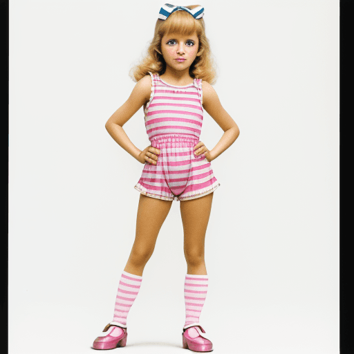 AI generated: 
High resolution photography, 1980's, 10-year-old girl, honey blonde, blue eyes, pink and white vert...