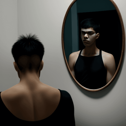 AI generated: an anime man facing the mirror, lonely and unloved. Focus on his face. The background should be a re...