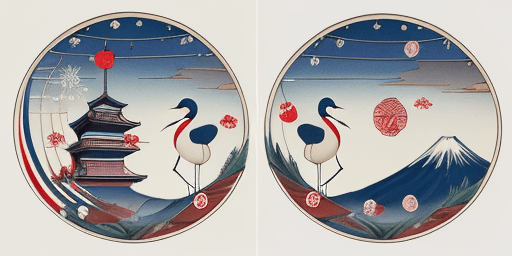 AI generated: Create a pattern with stylized depictions of Mount Fuji, a uchiwa fan, a crane, and a lantern, all d...