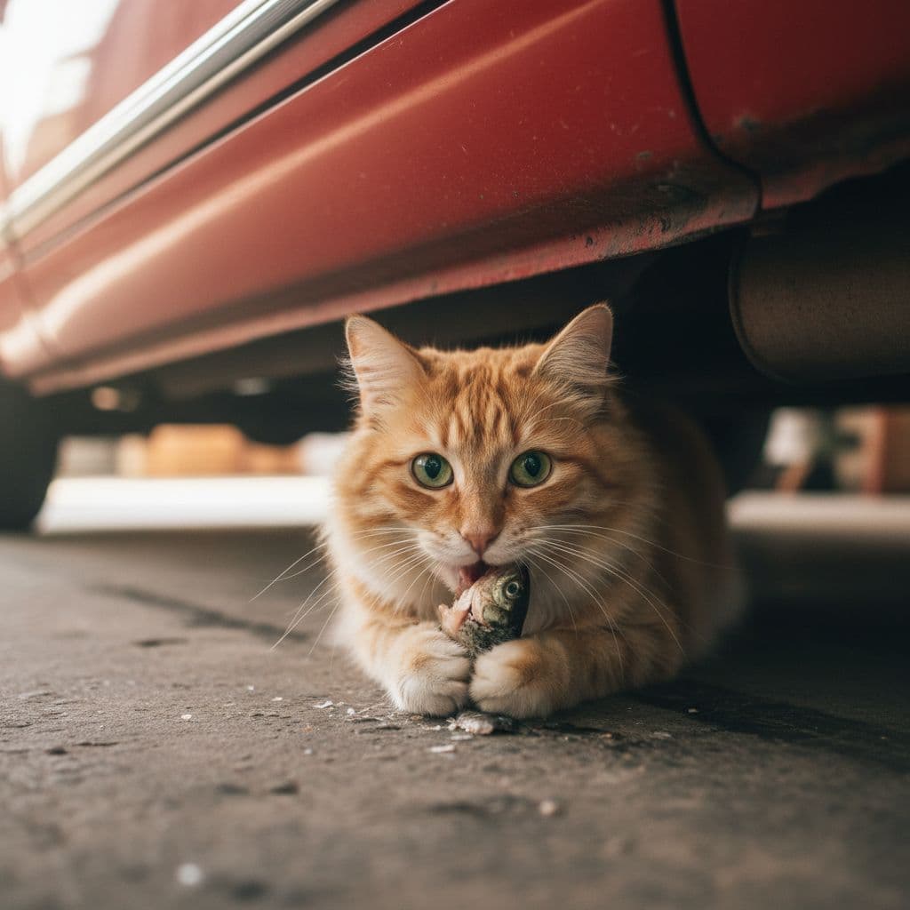 AI generated: An orange cat with big innocent eyes sits under a red car and is eating fish.