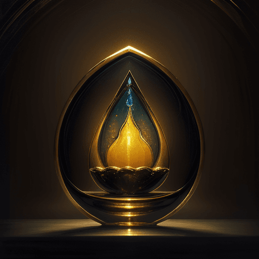 AI generated: new art : a teardrop-shaped treasure on a altar with a dark background and water. satara by johnny t...