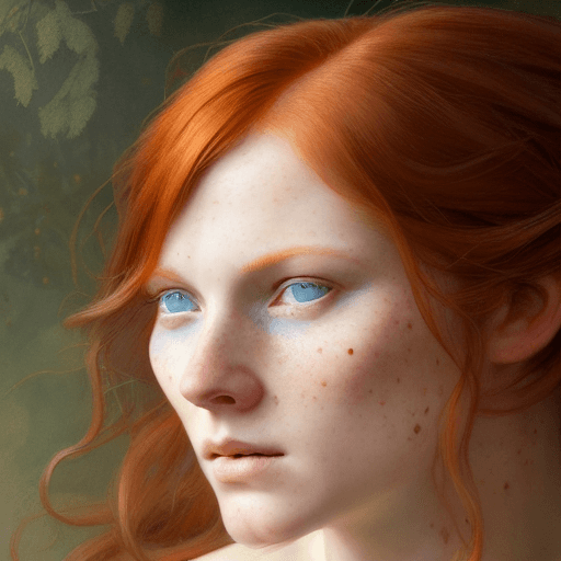 AI generated: portrait painting of real female redhead, blue eyes, delicate freckled face, 1906, english, ultra re...