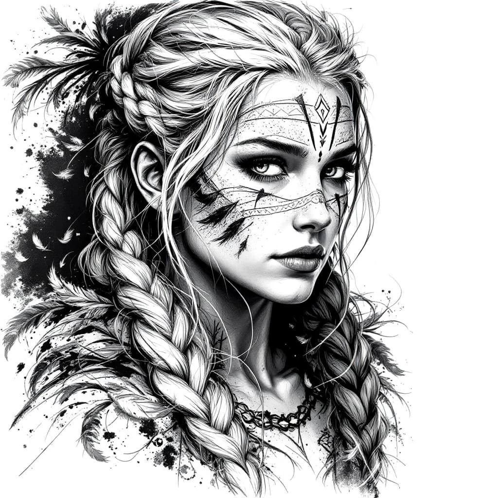 AI generated: black and white drawing of a Viking warrior woman with braided hair, wearing war paint on her face, ...