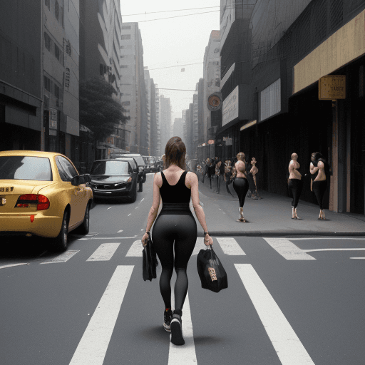 AI generated: 12K, HRD, film grain, 100 ASA, The image features a woman walking down a city street, wearing a blac...