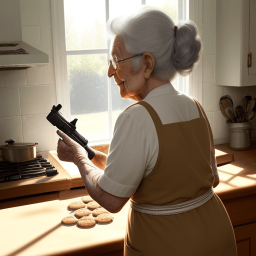 AI generated: Cute Grandma holding a gun baking cookies with sun shining on her from the back 