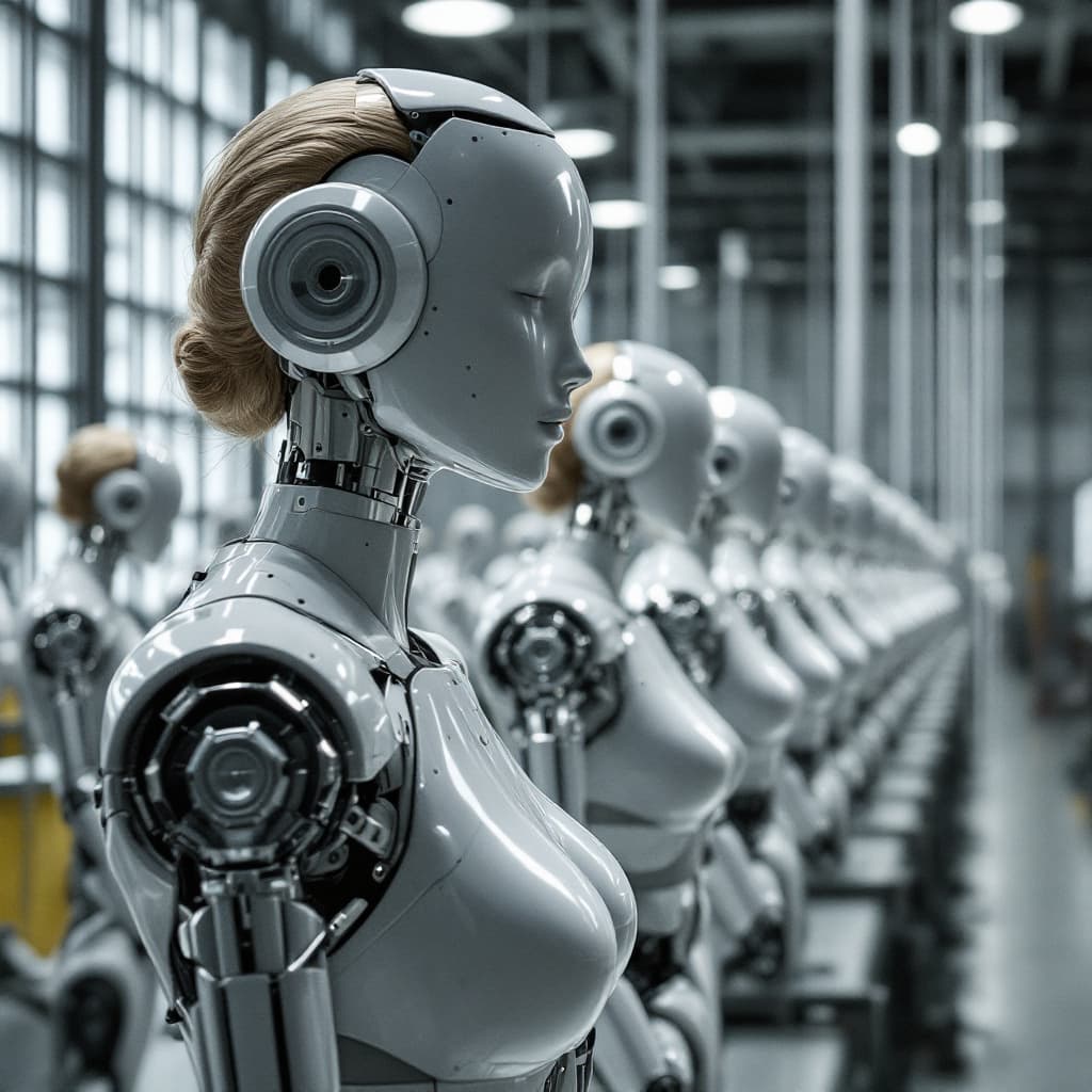 AI generated: kreiere eine große halle in der frauen wie roboter hergestellt und montiert werden. sie stehen alle ...