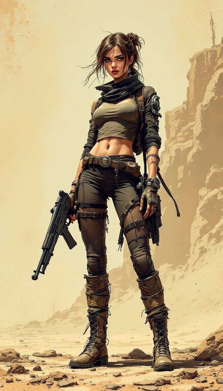 AI generated: Full body shot 3/4 view, young beautiful European woman, holding a gun, random illustrations to fill...