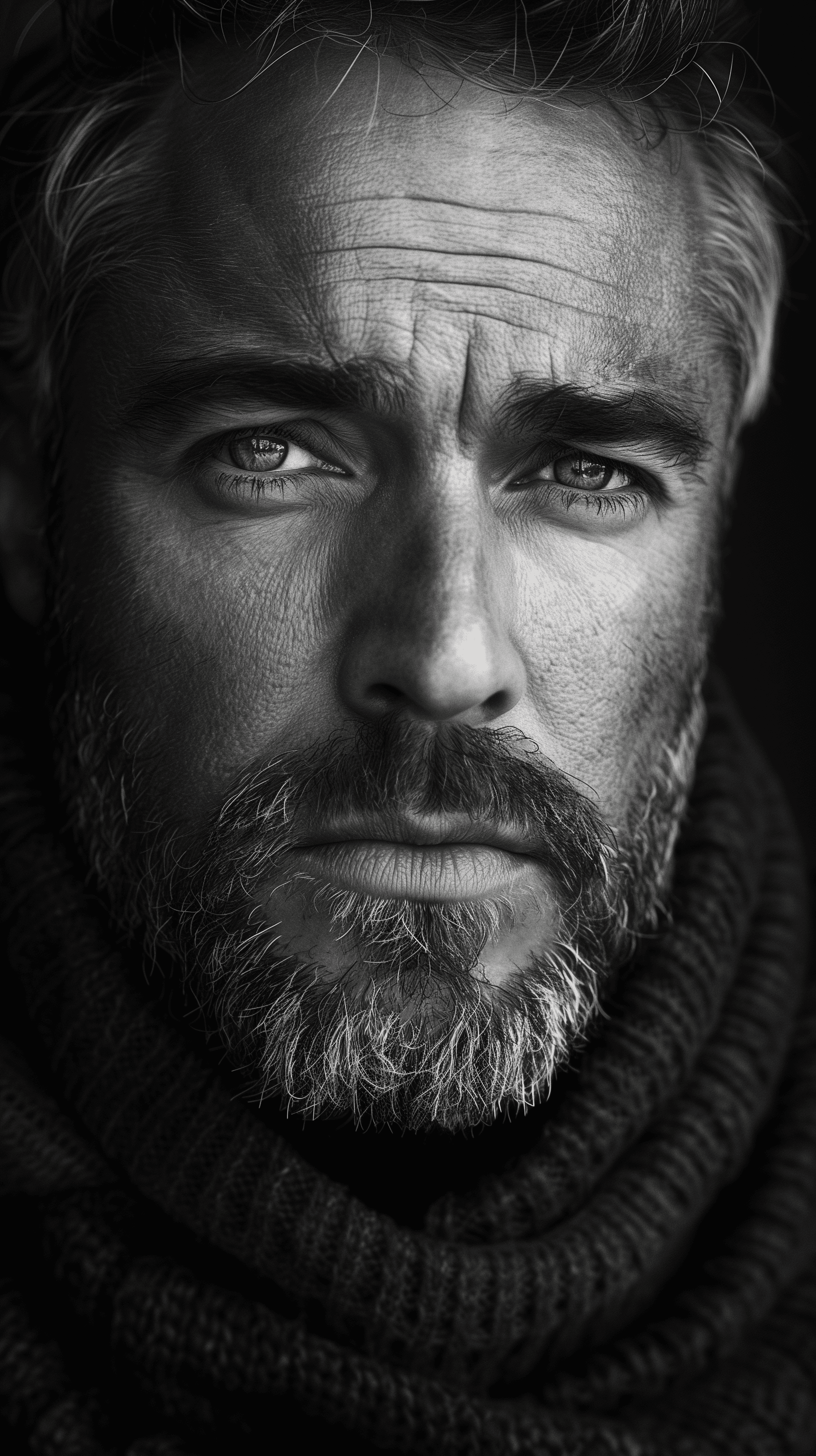 AI generated: photography, monochrome, front view, evoking the starkness of classic noir with an intimate, psychol...