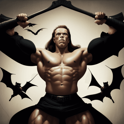 AI generated: arnold schwarzenegger with arms wide open like jesus in the cross ((with two bats hanging in his arm...