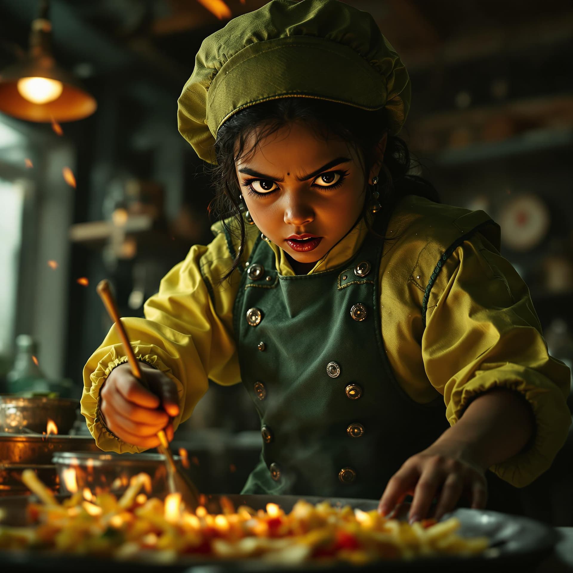 AI generated: restaurant, aggressive Indian baby girl cook, intricate highly detailed formal Chartreuse Earthy gre...