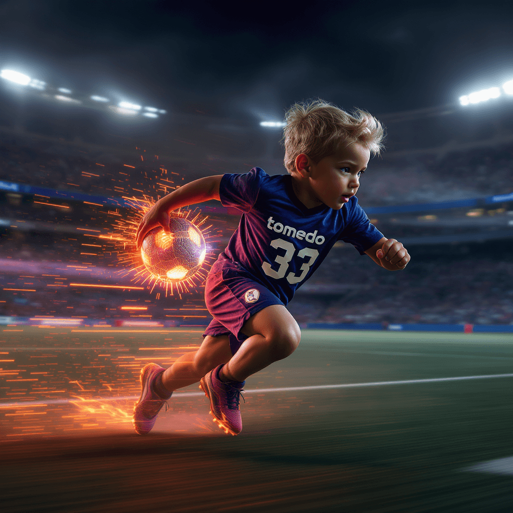 AI generated: Epic action shot, toddler athlete running fast across a futuristic sports field, glowing football in...