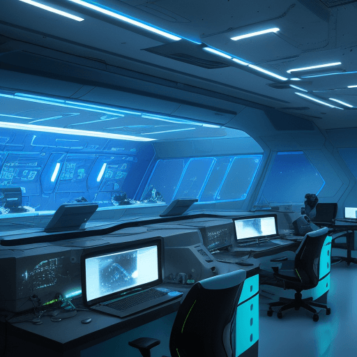 AI generated: spaceship technology lab, galaxy on the window, modern computers, modern robots, astronauts working,...