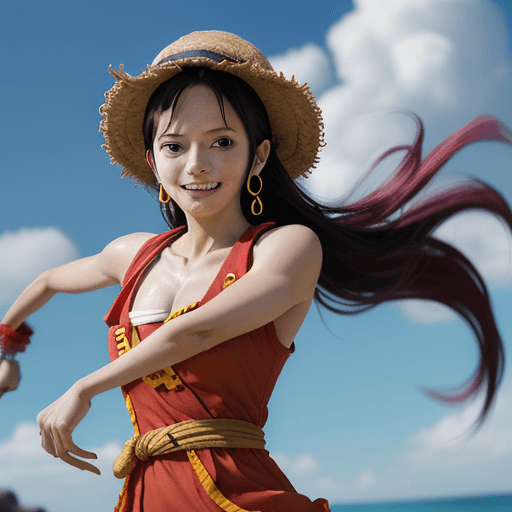 AI generated: A picture of luffy, One Piece reference, fierce and determined smile, dressed in vibrant dress, half...