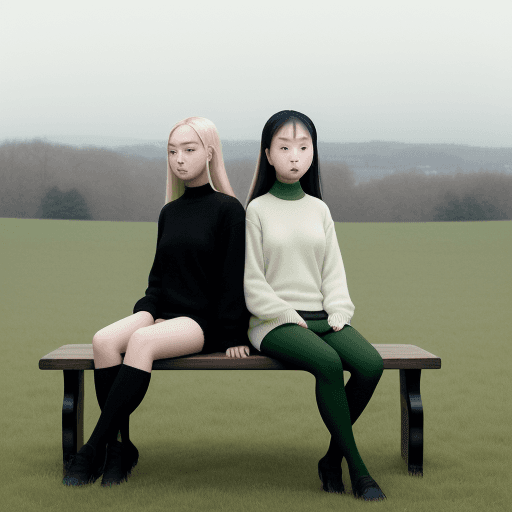 AI generated: a couple of women sitting on top of a wooden bench, inspired by Ren Hang, tumblr, standing in grassy...