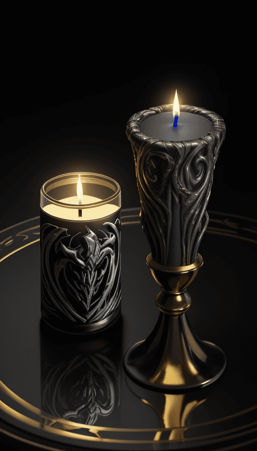 AI generated: Candle on the table with the design and character of Venom The Candle is gold and Black dark, no wat...