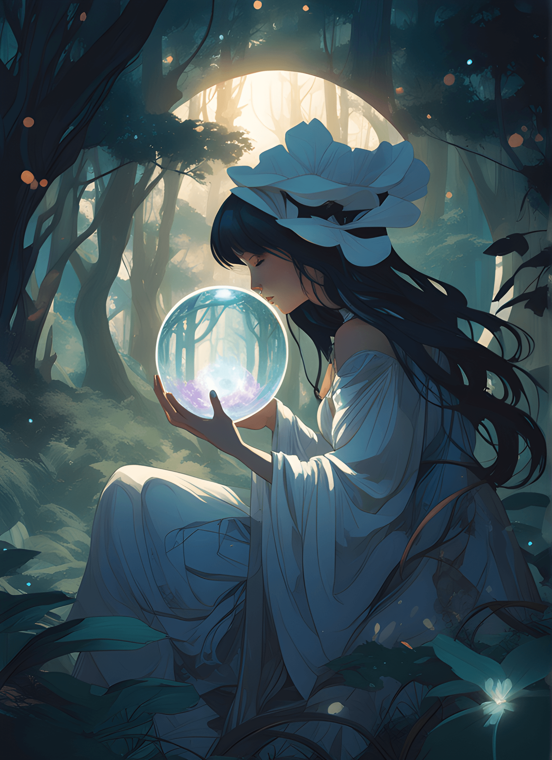 AI generated: a woman in a white dress holding a crystal ball in a forest, alphonse mucha and rossdraws, anime fan...