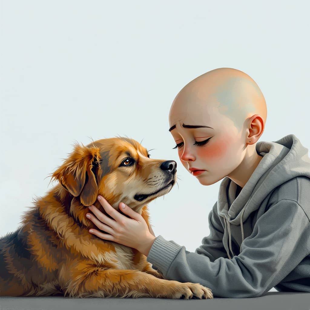 AI generated: A heartwarming scene of a sad teary eyed bald young woman   and a dog sharing a moment of companions...