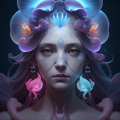 AI generated: Goddess close-up portrait ribcagel. jellyfish phoenix head, nautilus, orchid, skull, betta fish, bio...