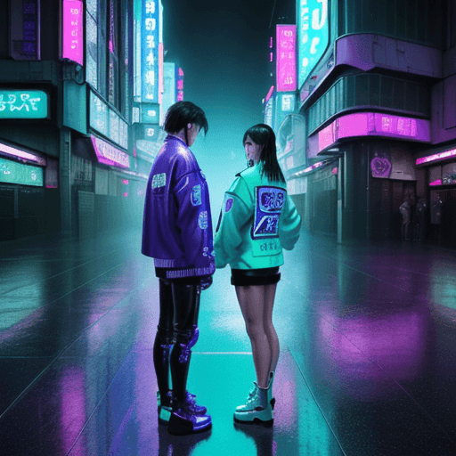AI generated: High resolution digital art cover music, cyber punk future tokyo city street, wet floor, a young adu...