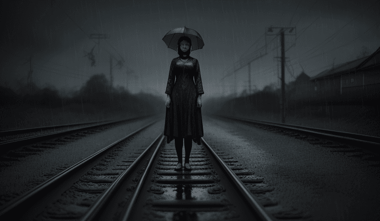 AI generated: a creepy scary indonesian scary lady standing on railway track, rain and wet, night, dark, horror vi...