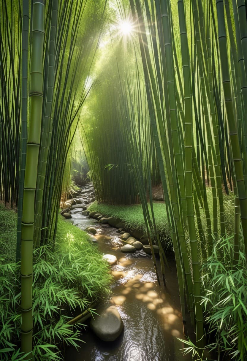AI generated: A dense bamboo forest with tall, swaying bamboo canes and hidden paths winding through the thick und...