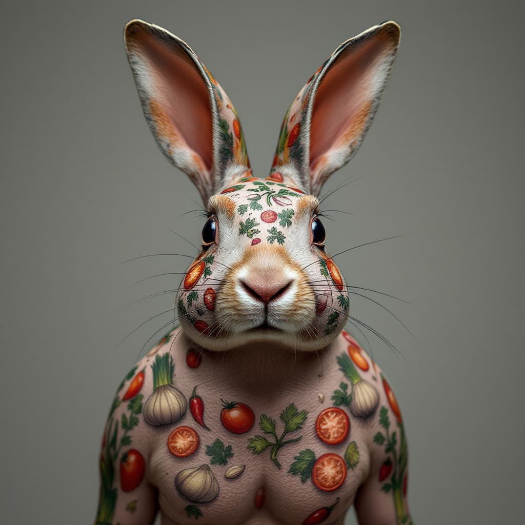 AI generated: photo close up,  studio portrait, hairless, shaved, no hair , bald shaved big fat rabbit  tattooed  ...