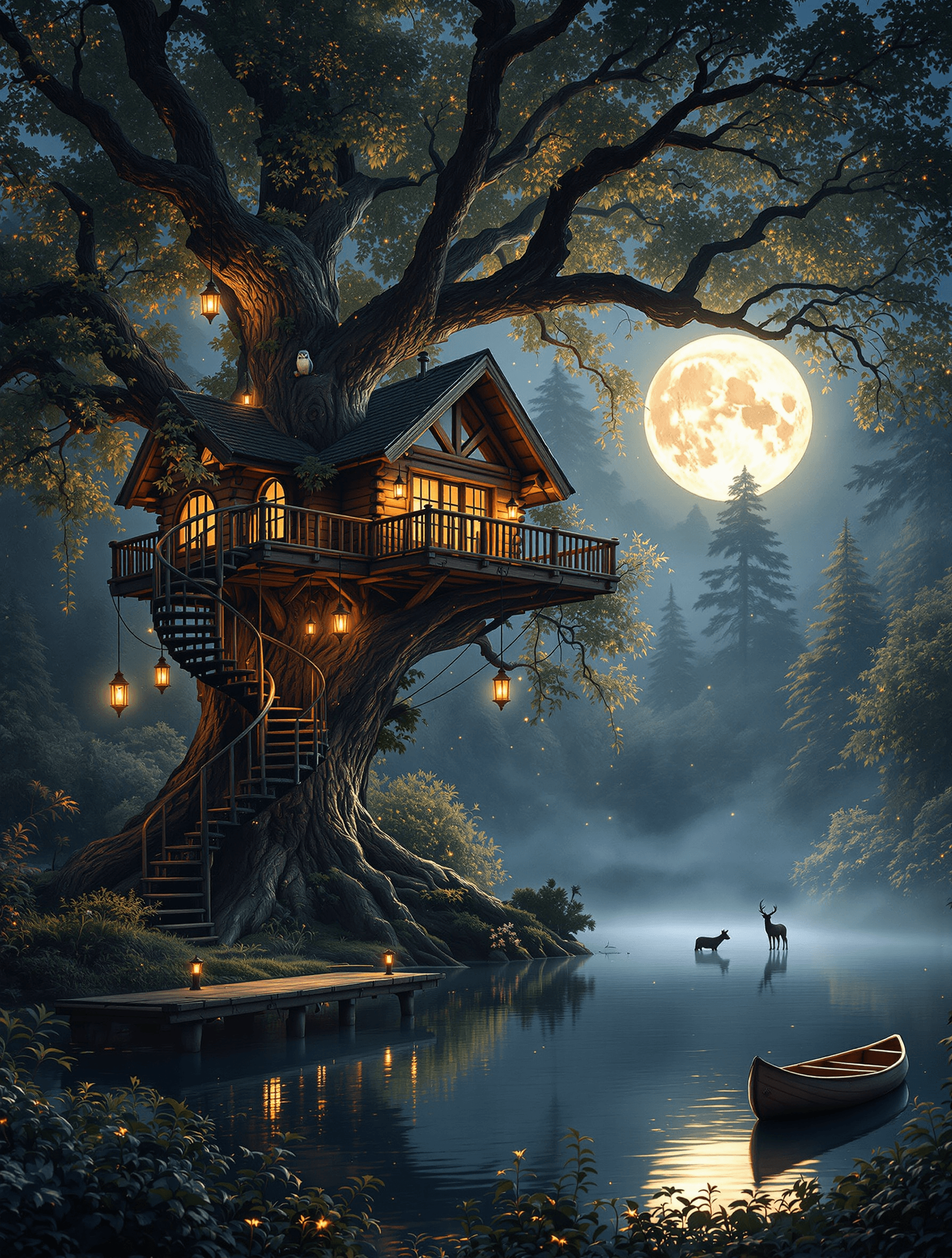 AI generated: A **hyper-realistic log cabin treehouse**, perched atop the **massive branches of an ancient tree**,...
