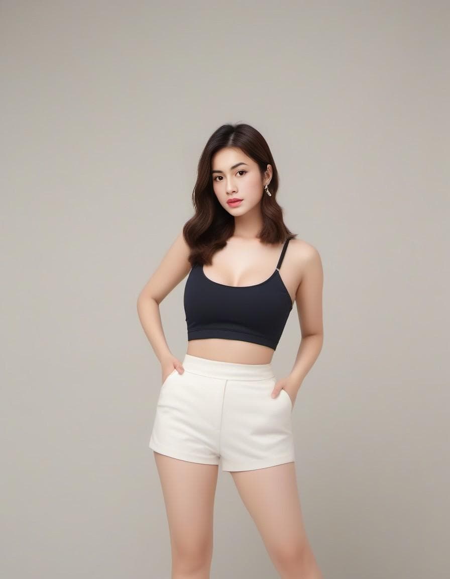AI generated: An image of a woman with voluminous ass and tits, wearing crop top, mini pant, sexy, perpect face, f...