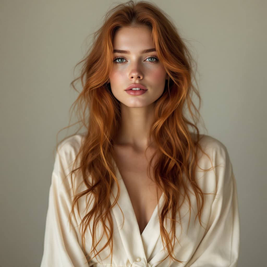 AI generated: A 23-year-old Eastern European woman with long ginger hair in beachy waves, porcelain skin, wearing ...