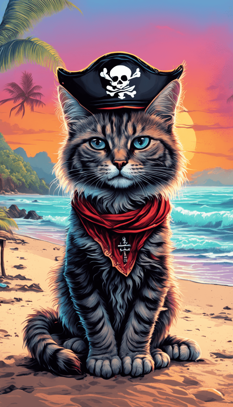AI generated: a cat with a (pirate hat:1.2) on a tropical beach, ~*~Enhance~*~ , in the style of Clyde Caldwell, v...