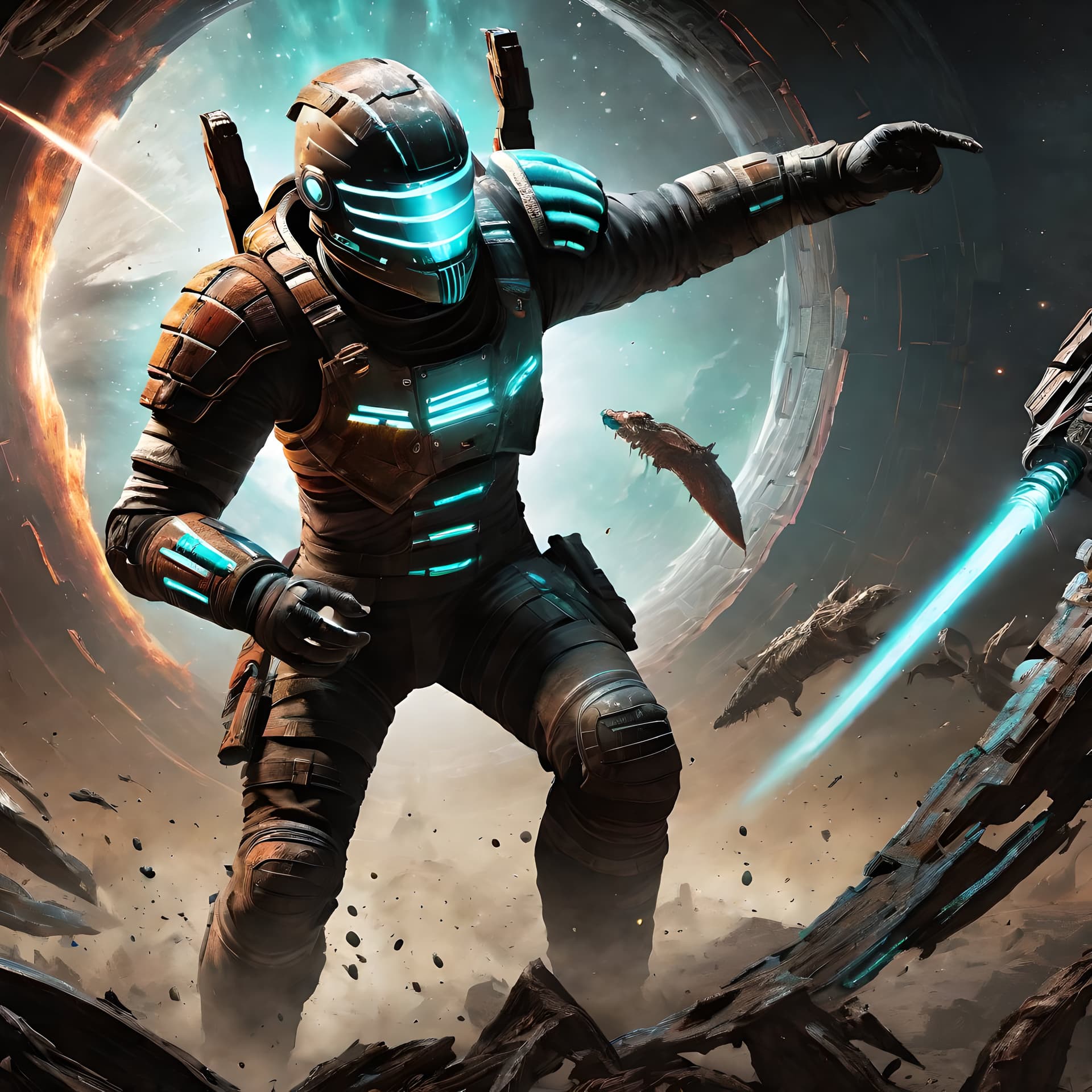 AI generated: Isaac Clark fighting against monsters from the game Dead Space, expressive, masterpiece, 8k, studio ...