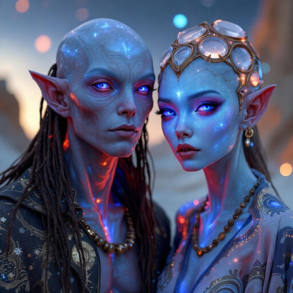 AI generated: Create a unique, flesh, organic, species, Male and Female. Otherworldly human figures with iridescen...