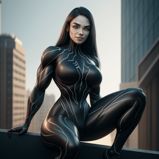 AI generated: 1 young beautiful bodybuilder woman wearing symbiote with a wide jaw, full body visible, soft smile,...