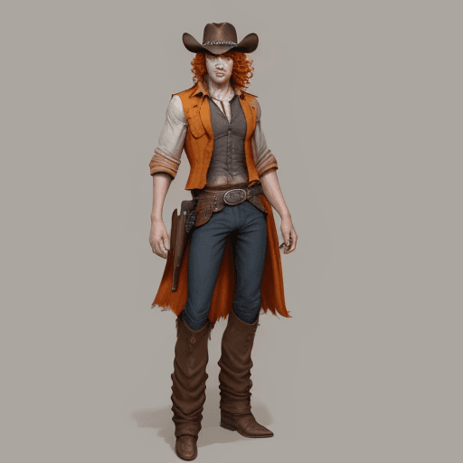 AI generated: A cowboy with an androgynous face and orange curly hair down to his shoulders, concept art style, ou...