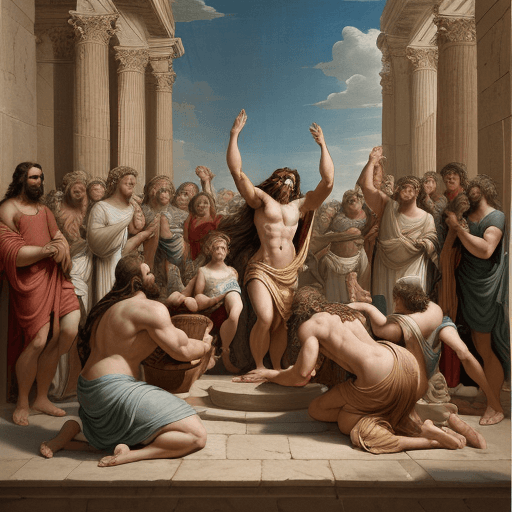 AI generated: A grand allegorical painting depicting a contest of miracles between Jesus and Hercules, set in an a...