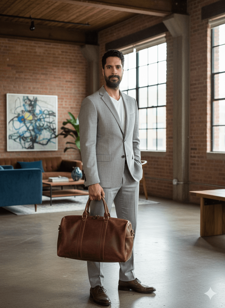 AI generated: "Foto ultra-realista de un(a) hombre sosteniendo un(a) bolso de mano en loft moderno. Iluminación de...