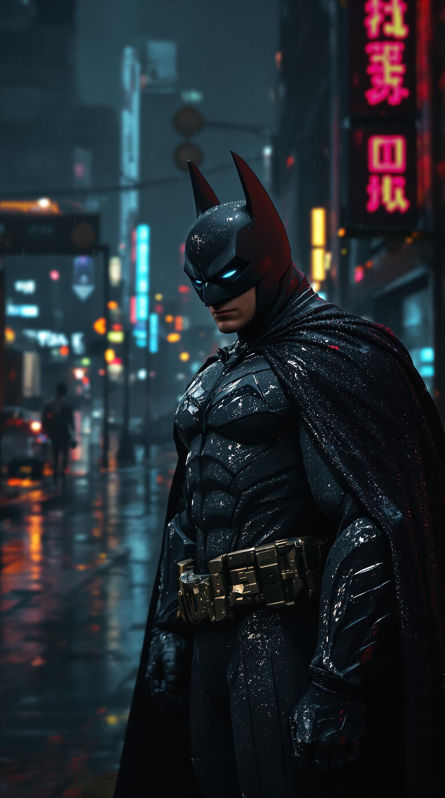 AI generated: Batman Posing In dark rainy Dystopian city in the rain, on an empty street. Neon lights in the backg...