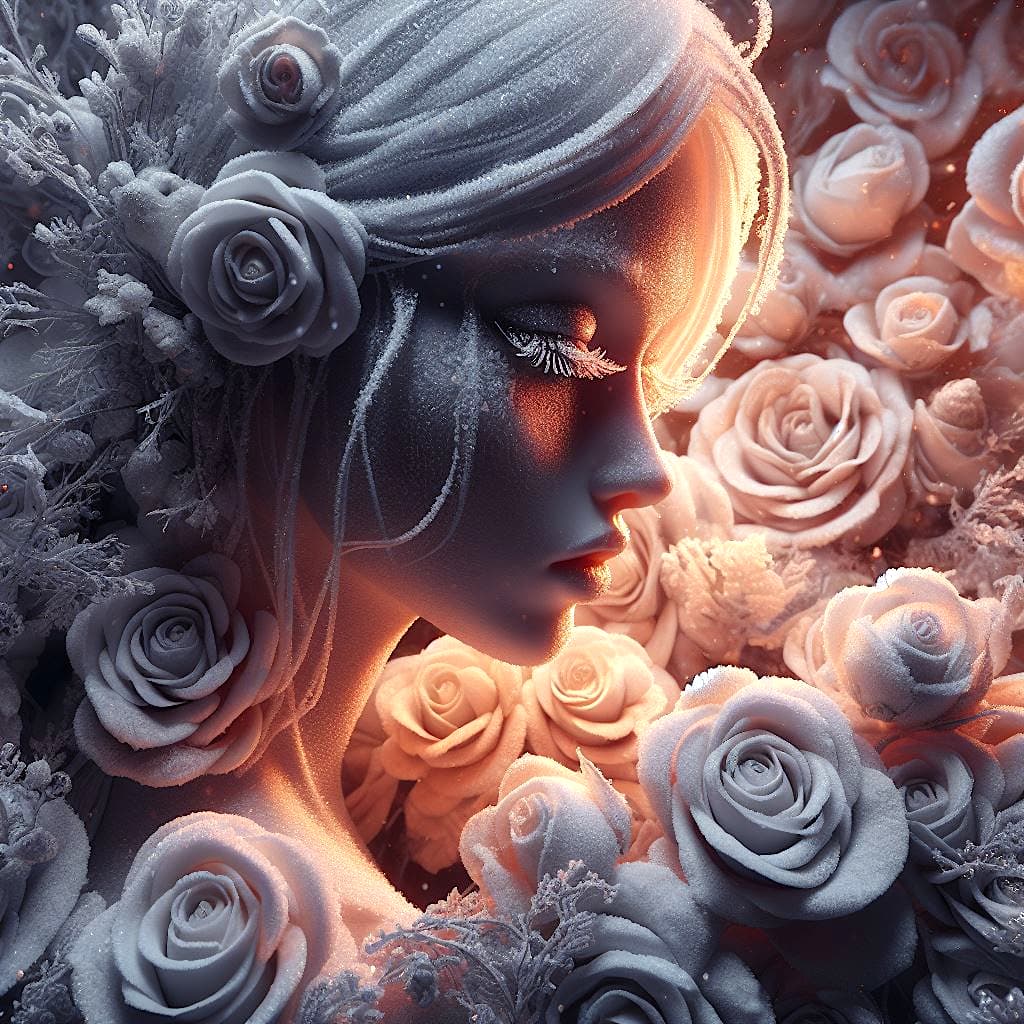 AI generated: A close up portrait of The Snow Queen, white roses covered with rime, crystallized product photograp...