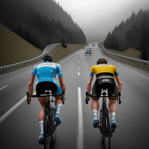 AI generated: Two cycling, grand tours cycling, tour de France,busy crawling, congested roads,    high speed, on m...