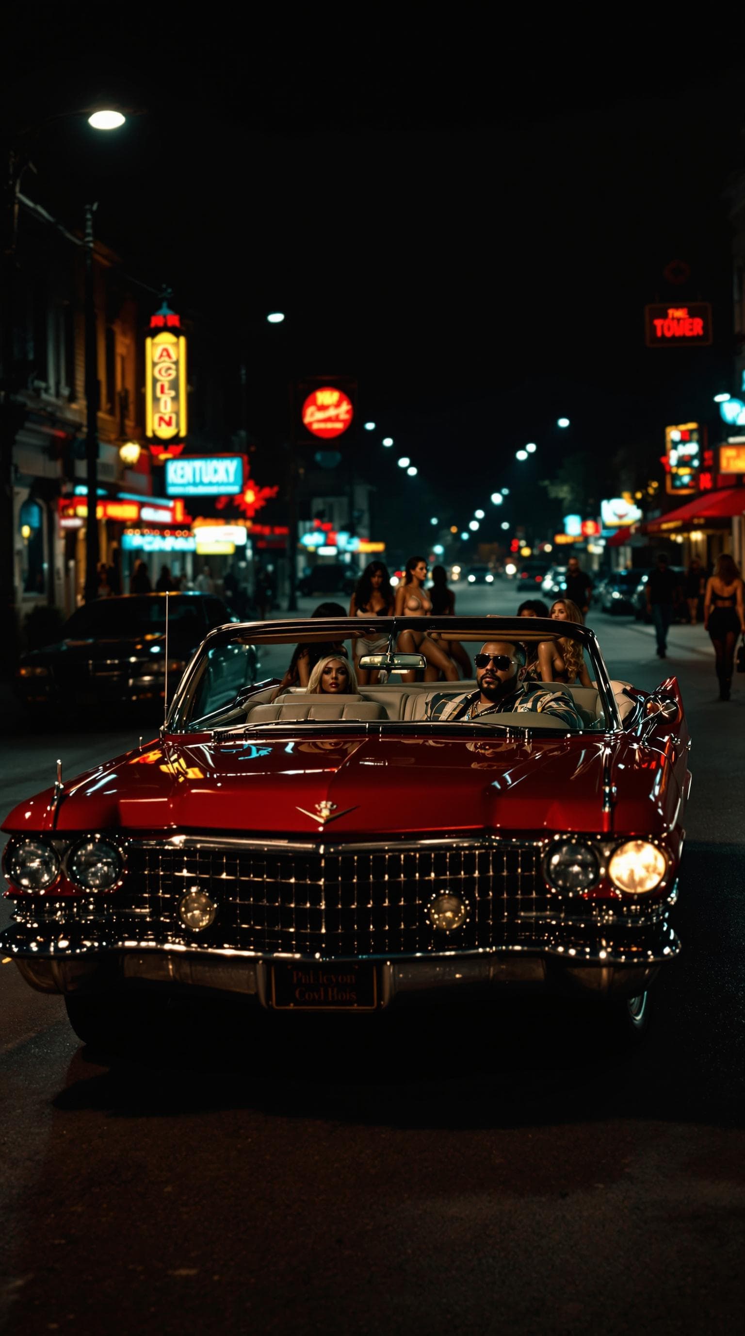 AI generated: A vintage, candy-red Cadillac with a pimp in the dricers seat, parked on a lively Kentucky avenue ar...