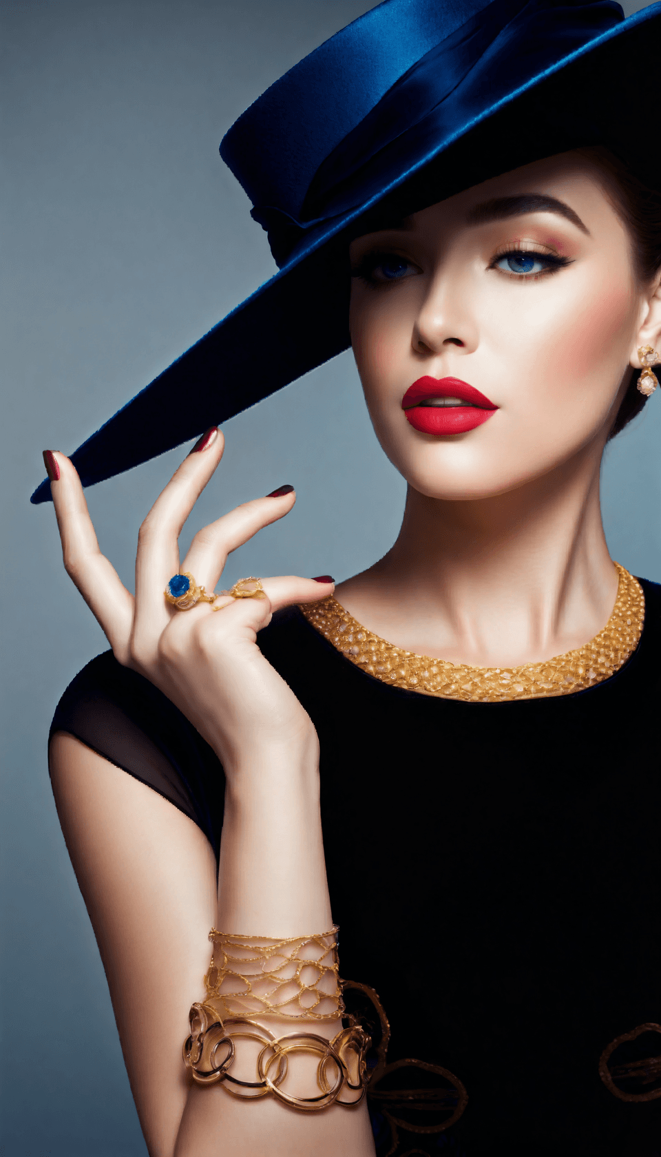 AI generated: The image features a woman wearing a blue hat and a black dress. The woman is also wearing a gold ne...