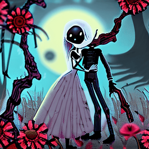 AI generated: realistic post apocalyptic Jack Skellington and Sally embracing each other surrounded by decaying fl...