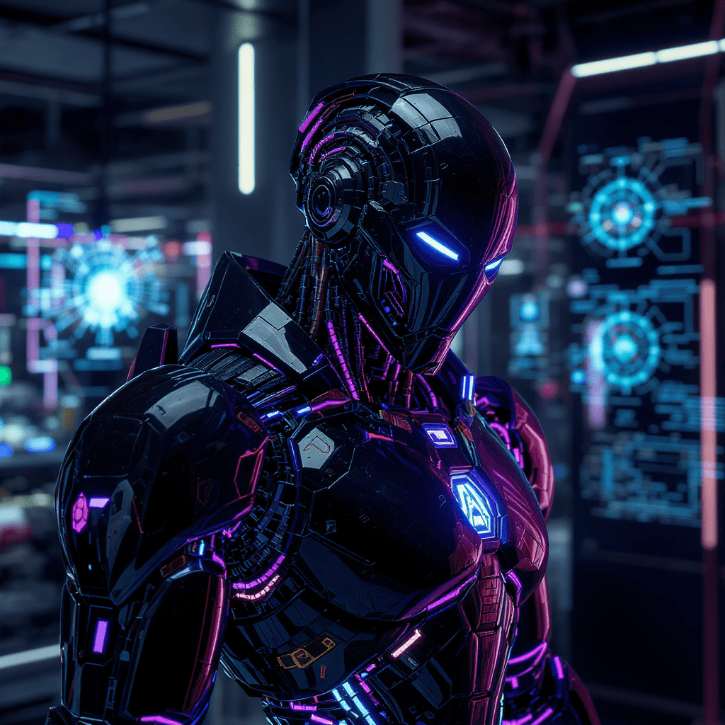 AI generated: cyborg humanoid in black futuristic armor with glowing purple and cyan circuitry, standing in a neon...
