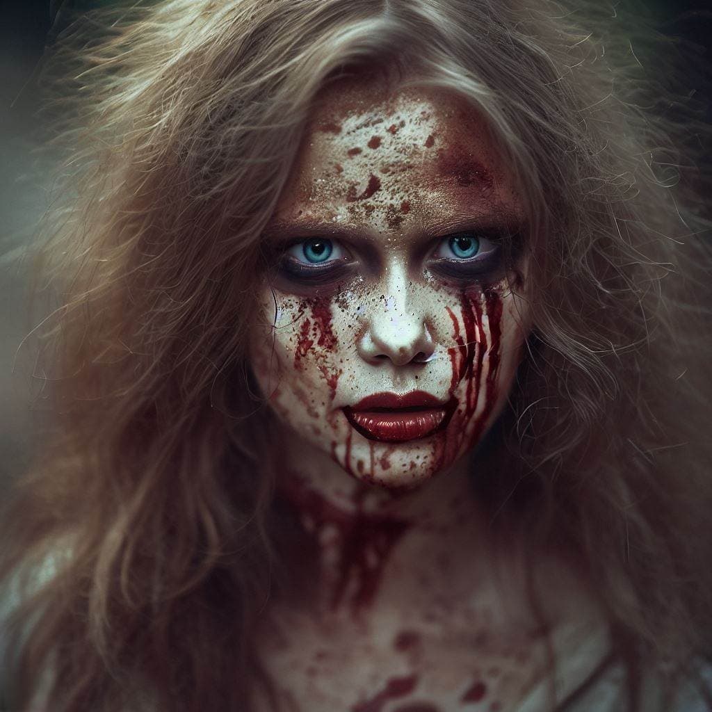 AI generated: A portrait of a pale white albino female, with piercing crystal blue eyes, messy unruly unkempt hair...